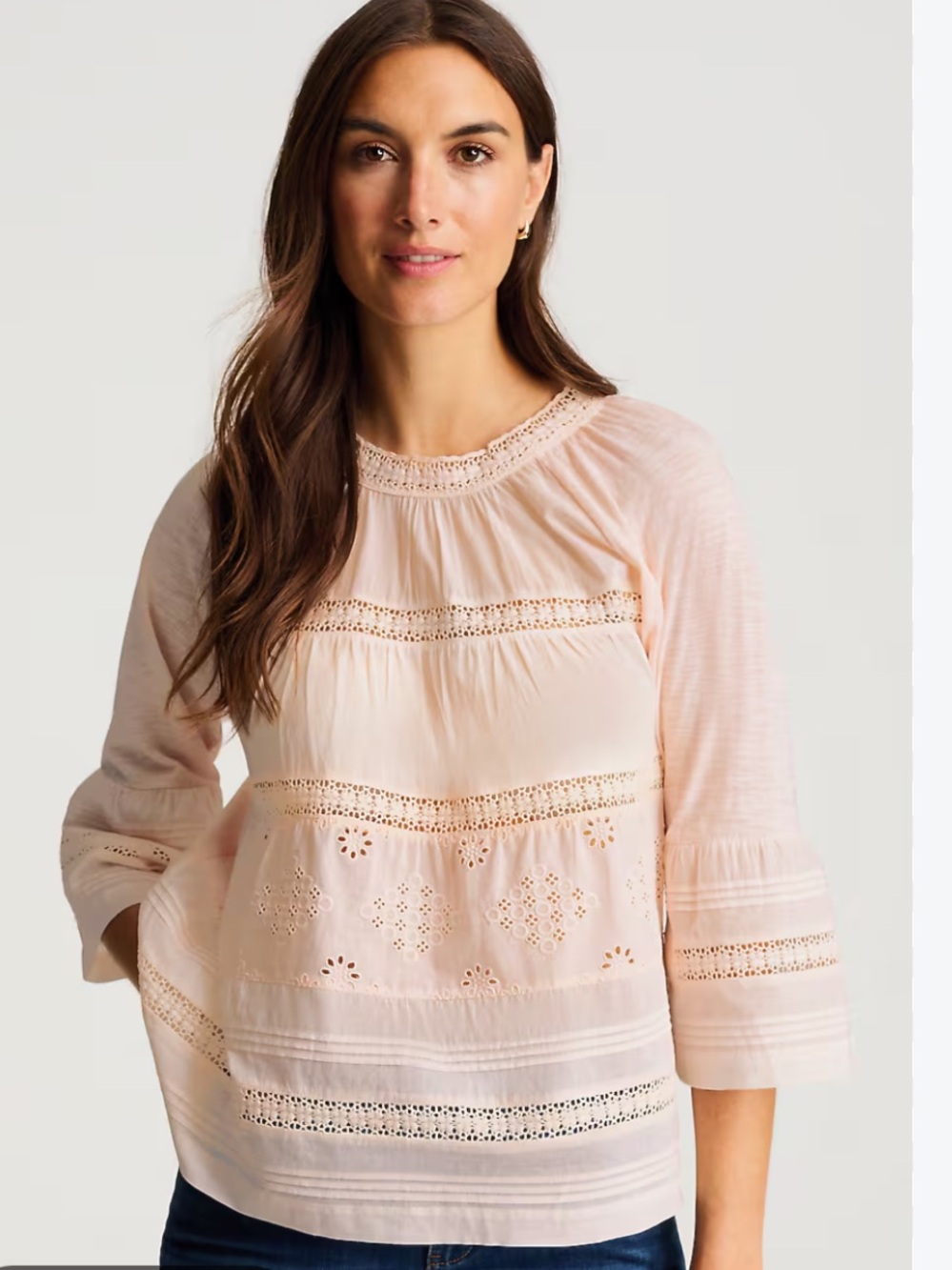J. Jill Blush Pink Eyelet Mixed-Media Blouse Woman’s Large Petite 100% Cotton